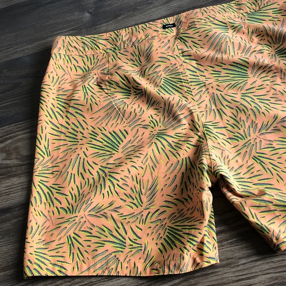 Prana Mens Rock Shock Swim Shorts Waist Belt Orange Pattern 34 6”